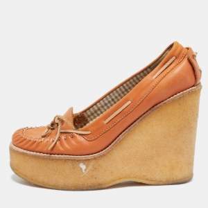 See by Chloe Orange Leather Bow Wedge Pumps Size 37