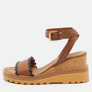 See by Chloe Brown Leather Cork Wedge Platform Ankle Strap Sandals Size 40