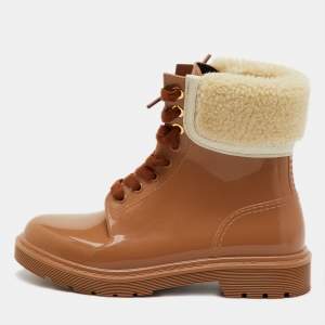 Pre Owned See by Chloe Beige Rubber and Shearling Fur Florrie Lined Combat Boots Size 39