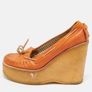 Pre Owned See by Chloe Orange Leather Wedge Loafer Pumps Size 37
