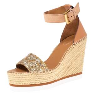 See By Chloe Brown/Gold Leather And Glitter Wedge Sandals Size 40