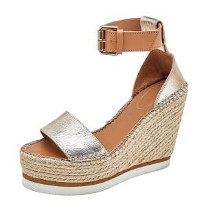 Pre Owned See by Chloe Metallic Gold/Brown Leather Wedge Espadrille Ankle Strap Sandals Size 36