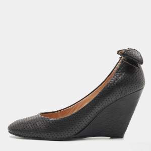 See by Chloe Black Perforated Leather Bow Wedge Pumps Size 38