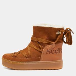 See by Chloe Brown Suede Lace Up Flat Ankle Boots Size 39