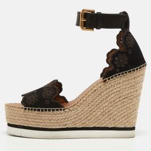 See by Chloe Black Suede and Leather Floral Lasercut Espadrille Wedge Sandals Size 40