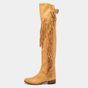 See by Chloe Brown Leather Fringe Details Over The Knee Length Boots Size 39