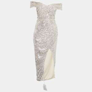 Self-Portrait Silver Sequin Off-Shoulder Wrap Midi Dress S