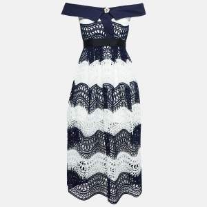 Self-Portrait Navy Blue/White Guipure Lace Off-Shoulder Dress S