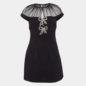 Self-Portrait Black Bonded Crepe Tulle Trim Bow Detail Mini Dress S