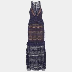 Self-Portrait Navy Blue Teardrop Guipure Lace Paneled Maxi Dress M