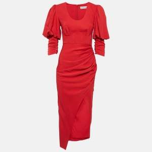 Self-Portrait Red Stretch Crepe Ruched Midi Dress S