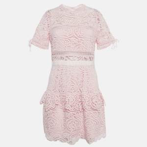 Self-Portrait Pink Abstract Guipure Lace Ruffled Mini Dress S