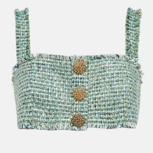 Self-Portrait Green Tweed Sleeveless Fray Detail Cropped Top M