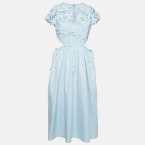  Self-Portrait Light Blue Floral Guipure and Cotton Cut-Out Detail Midi Dress M