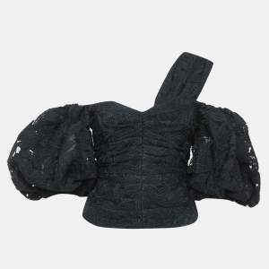 Self-Portrait Black Leaf Guipure Lace Asymmetric Top S