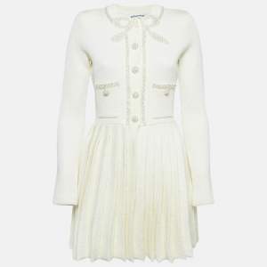 Self-Portrait Cream Knit Bow Embellishment Detail Pleated Mini Dress M