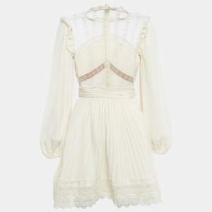 Self-Portrait Cream Crepe Lace Trimmed Mini Dress M