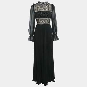 Self-Portrait Black Chiffon and Sequin Circle Lace Maxi Dress S