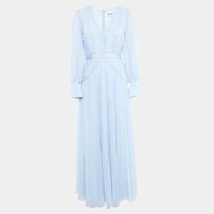 Self-Portrait Light Blue Chiffon Lace Trimmed Maxi Dress M
