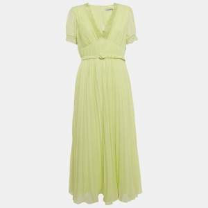 Self-Portrait Lime Green Chiffon Lace Trim Pleated Midi Dress L
