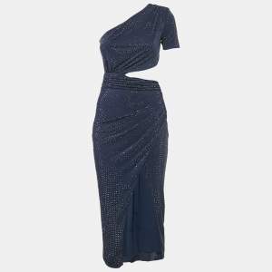 Self-Portrait Navy Blue Rhinestone Embellish Jersey One-Shoulder Midi Dress S