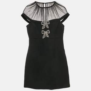 Self-Portrait Black Bow Embellished Gabardine Crepe Mini Dress S
