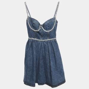 Self-Portrait Blue Crystal Embellished Denim Sweetheart Neck Mini Dress S