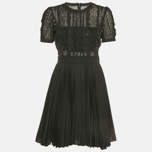 Self-Portrait Black Mesh Sequin Embellished Puff Sleeve Mini Dress S
