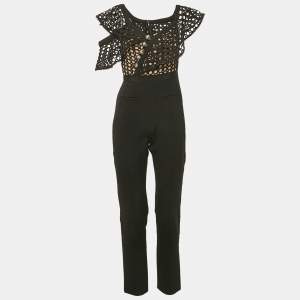 Self-Portrait Black Crepe and Lace Frill Asymmetric Jumpsuit S