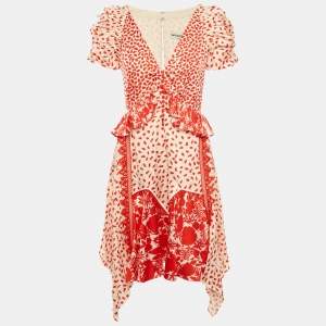 Self-Portrait Beige/Red Printed Satin Handkerchief Dress S