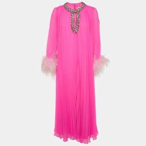 Pre Owned SELF-PORTRAIT Pink Plisse Embellished Feather Maxi Dress S