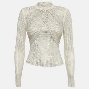 Pre Owned Self-Portrait Beige Rhinestone Embellished Mesh Top S 