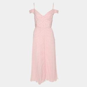 Pre Owned Self-Portrait Pink Gingham Print Chiffon Pleated Midi Dress M