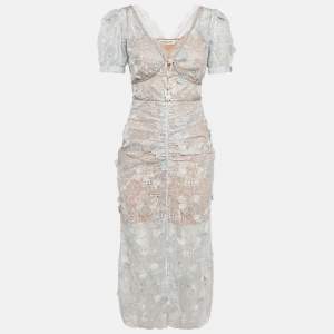 Pre Owned Self-Portrait Sea Blue Lace Ruched Midi Dress S