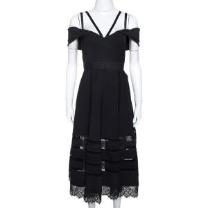 Self Portrait Black Cady Lace Trim Draped Shoulder Midi Dress L