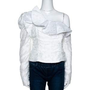 Self Portrait White Fil Coupe Ruffled One Shoulder Top M
