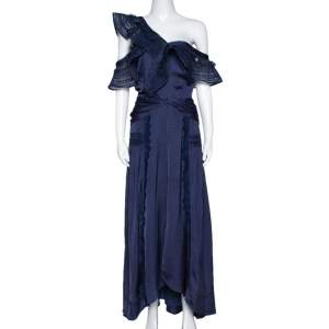 Self Portrait Navy Blue Lace Frilled One Shoulder Midi Dress L