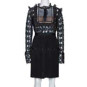 Self Portrait Black Guipure Lace & Organza Trim Pleated Adeline Dress M