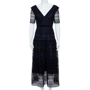 Self-Portrait Black & Navy Spiral Panel Lace Midi Dress M