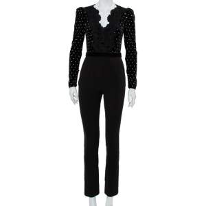 Self-Portrait Black Velvet & Crepe Stone Embellished Paneled Jumpsuit S