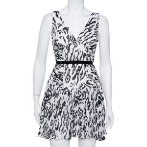 Self-Portrait Monochrome Leopard Printed Plisse Chiffon Sleeveless Mini Dress S
