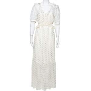 Self Portrait Cream Fil Coupe & Lace Ruffle Detail Maxi Dress L