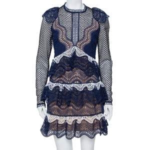 Self Portrait Navy Blue Wave Guipure Lace Ruffled Mini Dress M