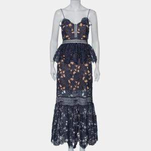 Self Portrait Navy Blue Lace Ruffled Amaryllis Sheer Column Dress M