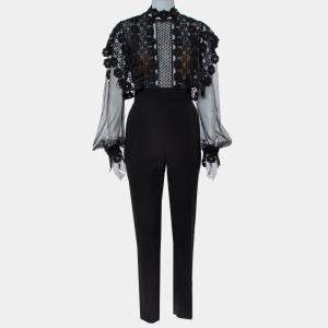 Self Portrait Black Lace & Crepe Balloon Sleeve Detail Jumpsuit L