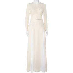 Self Portrait Cream Embroidered Crepe Contrast Paneled Belted Maxi Dress S