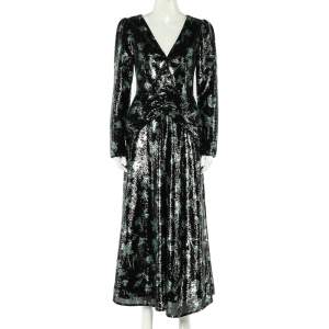 Self Portrait Black & Green Twist Leaf Sequin Embellished Midi Dress S 