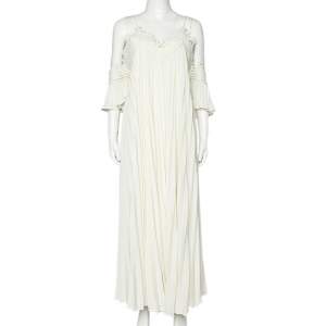 Self Portrait Off-White Crepe Lace Trim Pleated Off Shoulder Dress L