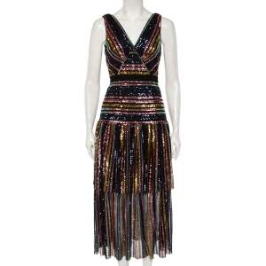 Self-Portrait Multicolor Stripe Sequin Embellished Tulle Sleeveless Midi Dress S