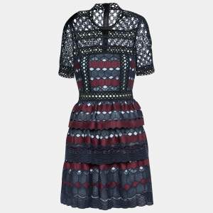 Self-Portrait Navy Blue & Burgundy Guipure Lace Tiered Mini Dress S
